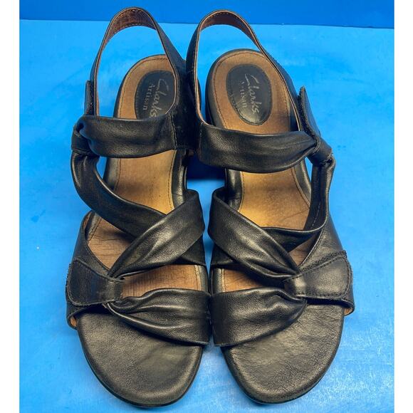 Clarks Artisan Sandals Womens 8 M Strappy Black Leather Hook & Loop - Picture 4 of 12